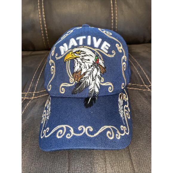 Native Pride INDIAN Bald Eagle Feathers Black Shadow Blue Embroidered Cap Hat - Picture 1 of 8